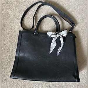 Black Floral-Embossed Laptop Tote with Scarf Accent
